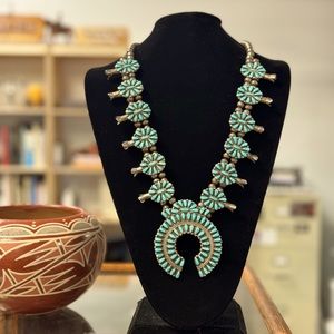 Squash Blossom Vintage 1960s Sterling Silver Turquoise Pendant Necklace